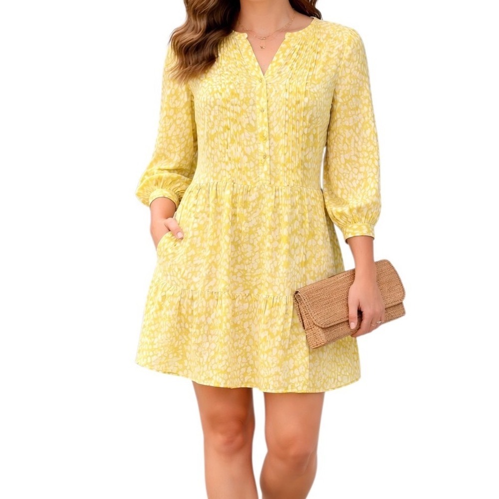 Who What Wear Yellow Abstract Dots Tiered Mini Dress Size M Long‎ Sleeve Priarie